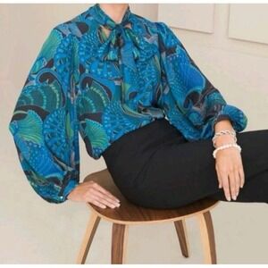 Chico's Satin Peacock Blouse Top Tie-Neck Balloon Sleeve Womens Size 8/10 Medium
